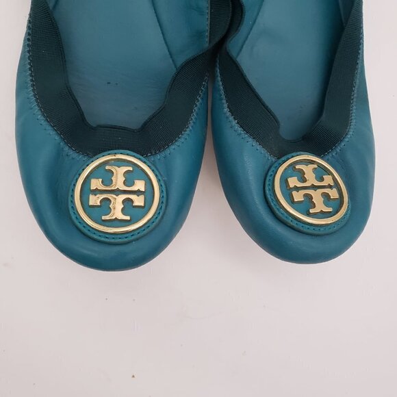 Tory Burch Caroline Ballet Flats Blue Leather Packable Slip On Shoes Sz 7.5M - Picture 3 of 8